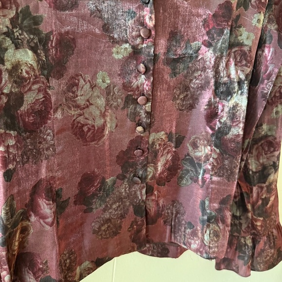 Vintage Floral Satin Blouse with Ruffled Cuffs - Picture 3 of 9
